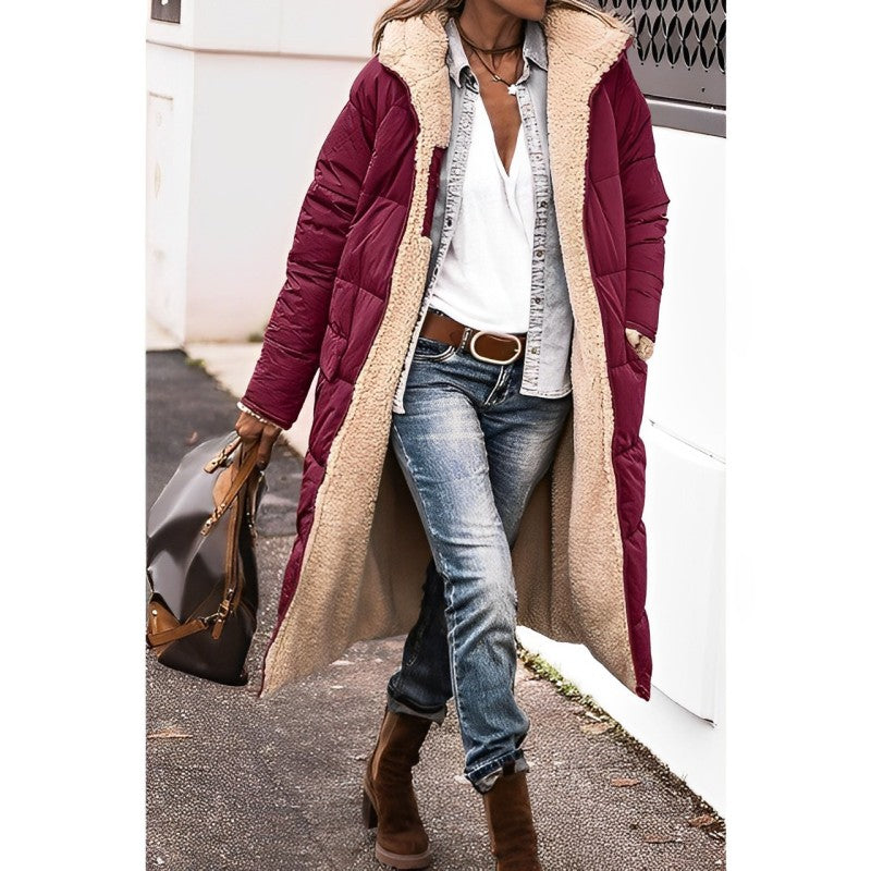 NOUVEAU RICHE Mantel Damen Lang Grau Warmer Wintermantel Stilvoll - Winterjacke - Wintermäntel Damen Weinrot