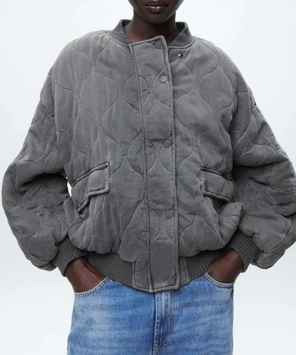 NOUVEAU RICHE Damen Steppjacke Grau Locker Geschnitten Übergangsjacke