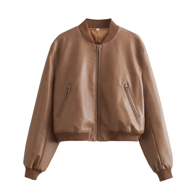 NOUVEAU RICHE Damen Bomberjacke PU-Leder Vintage-Stil Stehkragen Khaki