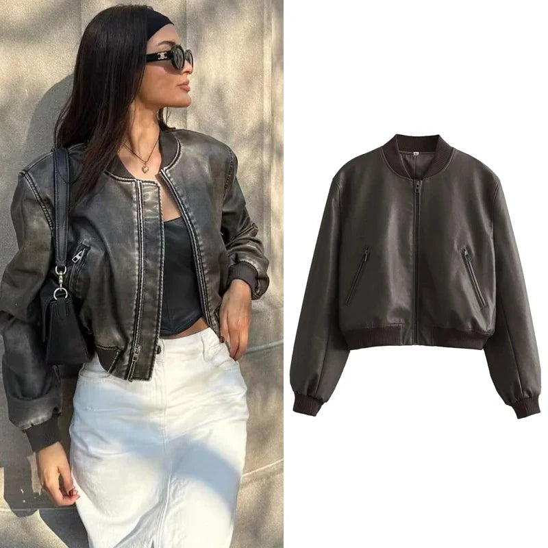 NOUVEAU RICHE Damen Bomberjacke PU-Leder Vintage-Stil Stehkragen