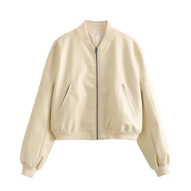 NOUVEAU RICHE Damen Bomberjacke PU-Leder Vintage-Stil Stehkragen Beige