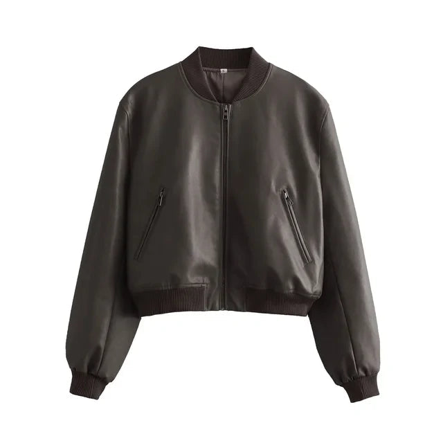 NOUVEAU RICHE Damen Bomberjacke PU-Leder Vintage-Stil Stehkragen Braun