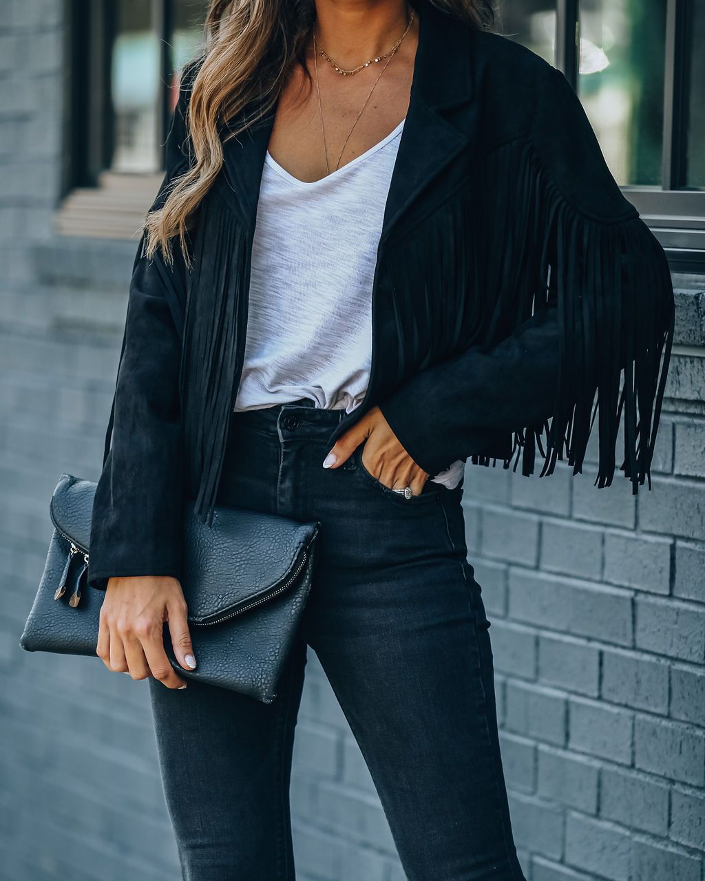 NOUVEAU RICHE Damen Bikerjacke Leder-Optik Mit Fransen E-Girl Look Schwarz