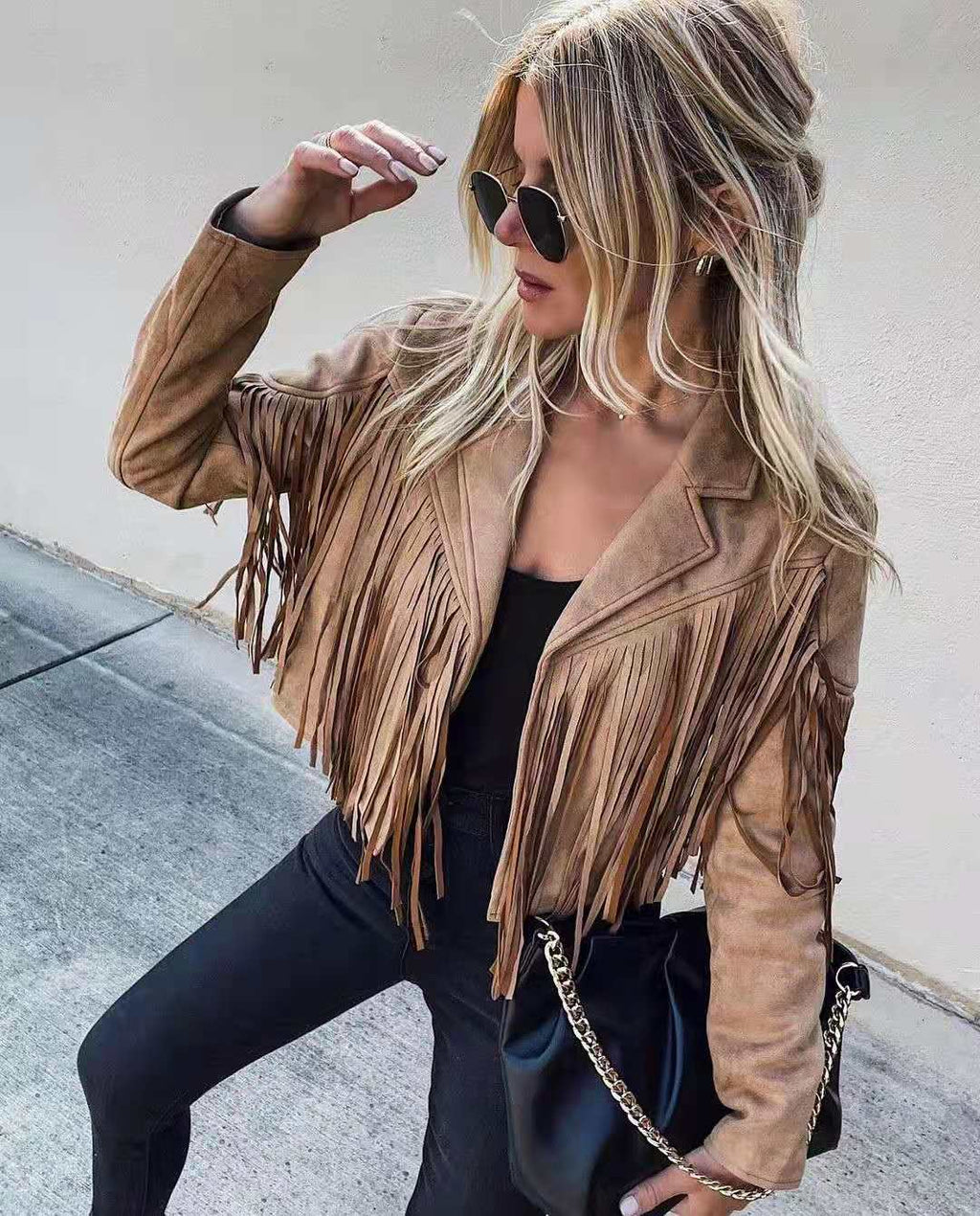 NOUVEAU RICHE Damen Bikerjacke Leder-Optik Mit Fransen E-Girl Look Khaki