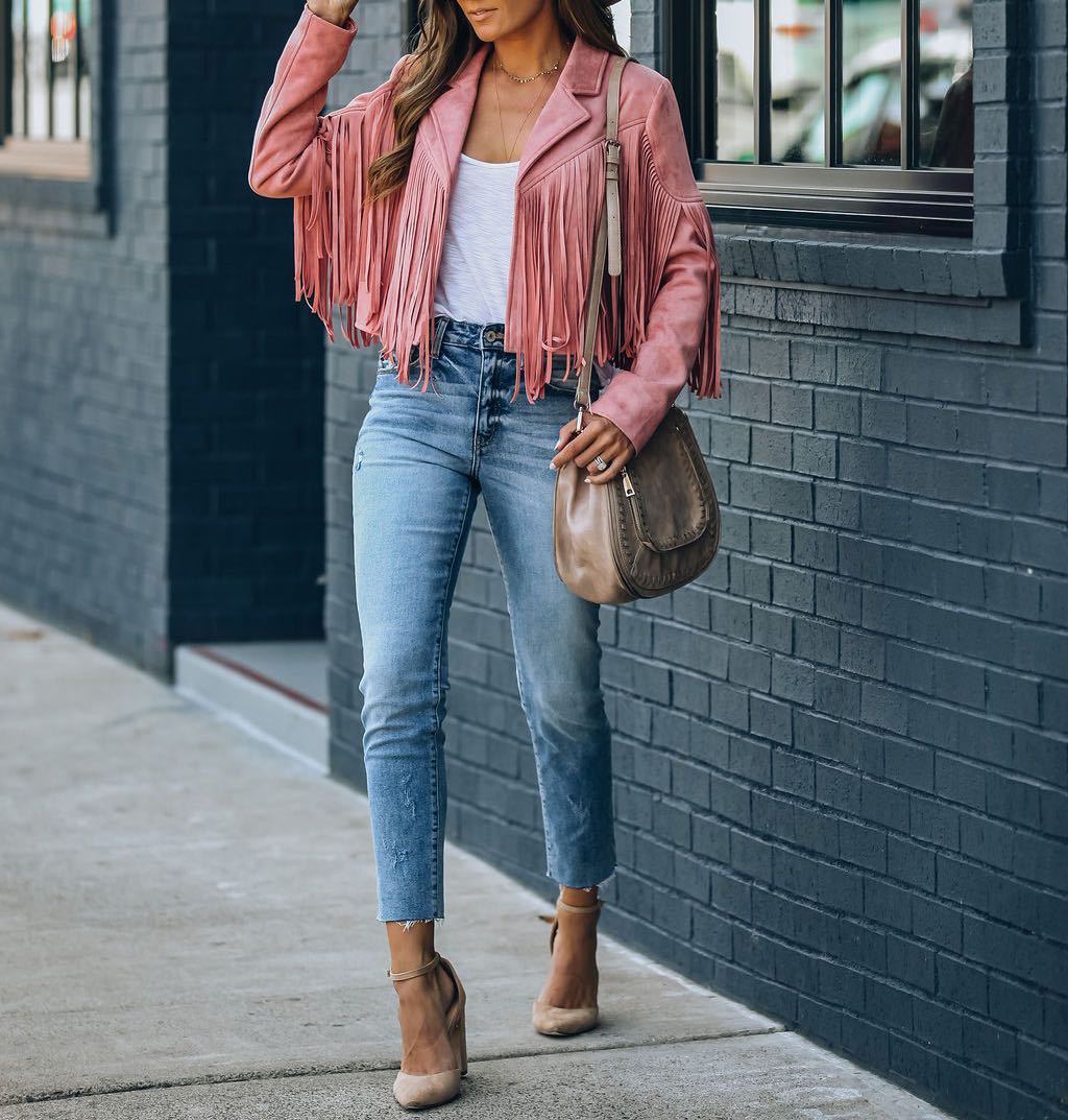 NOUVEAU RICHE Damen Bikerjacke Leder-Optik Mit Fransen E-Girl Look Rosa