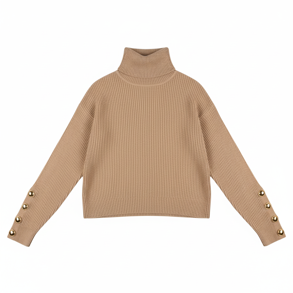 Damen Rollkragenpullover Elegante Slim Fit Knöpfe Weicher Stoff