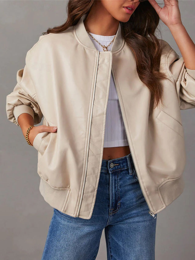 NOUVEAU RICHE Damen Lederjacke Herbst-Bomberjacke PU-Leder Lässige - Übergangsjacke Beige