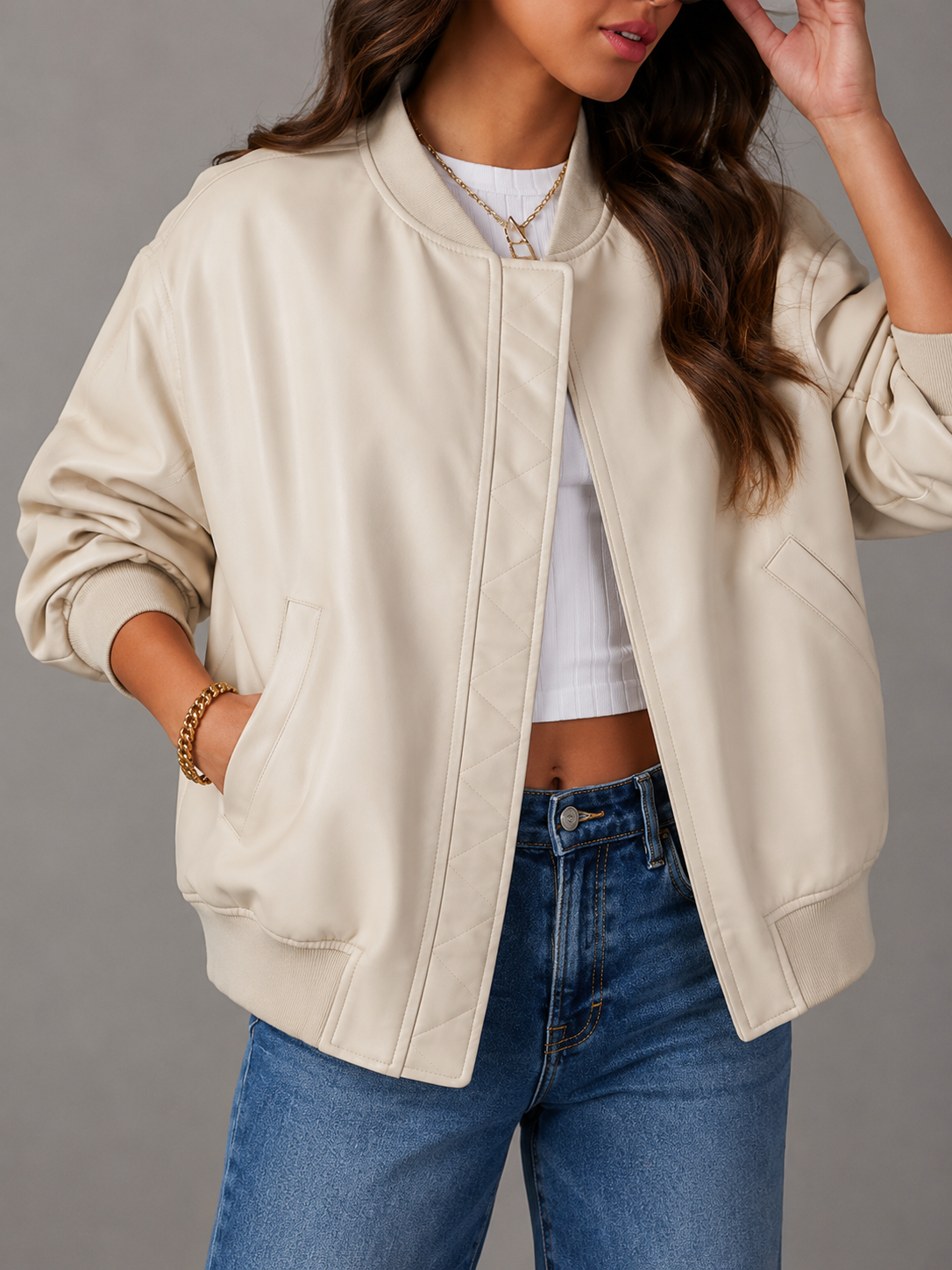 NOUVEAU RICHE Damen Lederjacke Herbst-Bomberjacke PU-Leder Lässige - Übergangsjacke Beige