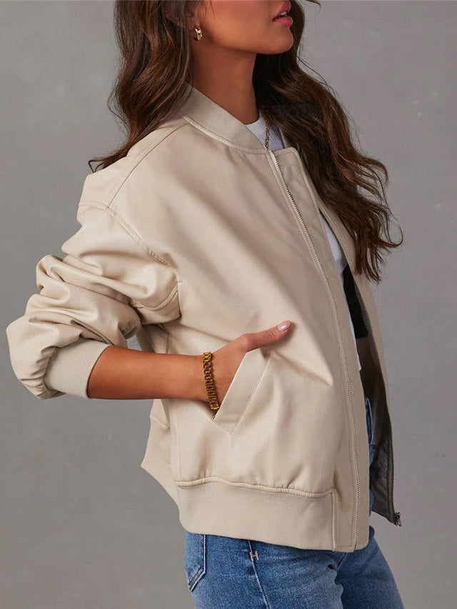 NOUVEAU RICHE Damen Lederjacke Herbst-Bomberjacke PU-Leder Lässige - Übergangsjacke