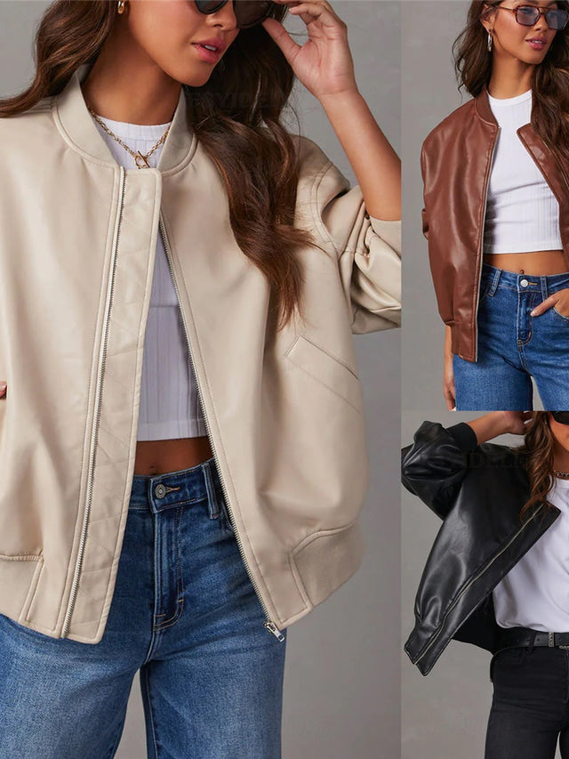 NOUVEAU RICHE Damen Lederjacke Herbst-Bomberjacke PU-Leder Lässige - Übergangsjacke
