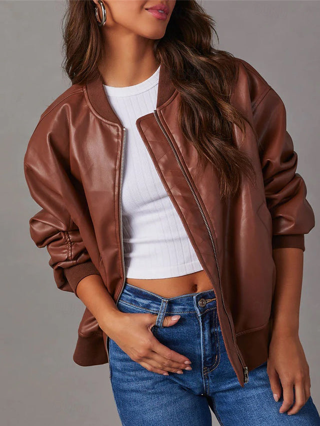 NOUVEAU RICHE Damen Lederjacke Herbst-Bomberjacke PU-Leder Lässige - Übergangsjacke