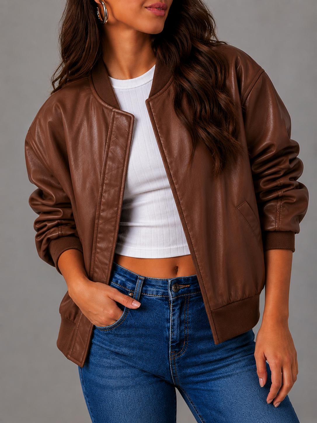 NOUVEAU RICHE Damen Lederjacke Herbst-Bomberjacke PU-Leder Lässige - Übergangsjacke
