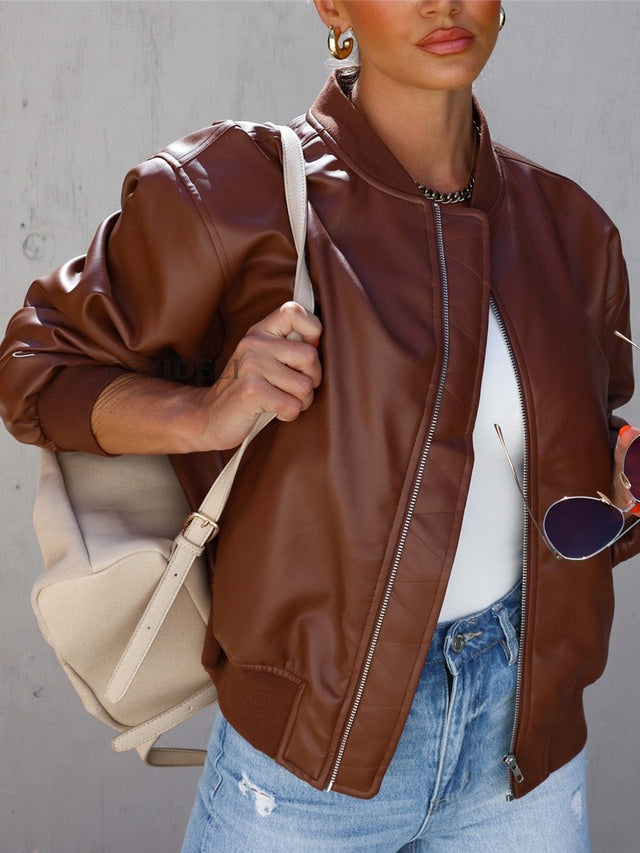 NOUVEAU RICHE Damen Lederjacke Herbst-Bomberjacke PU-Leder Lässige - Übergangsjacke