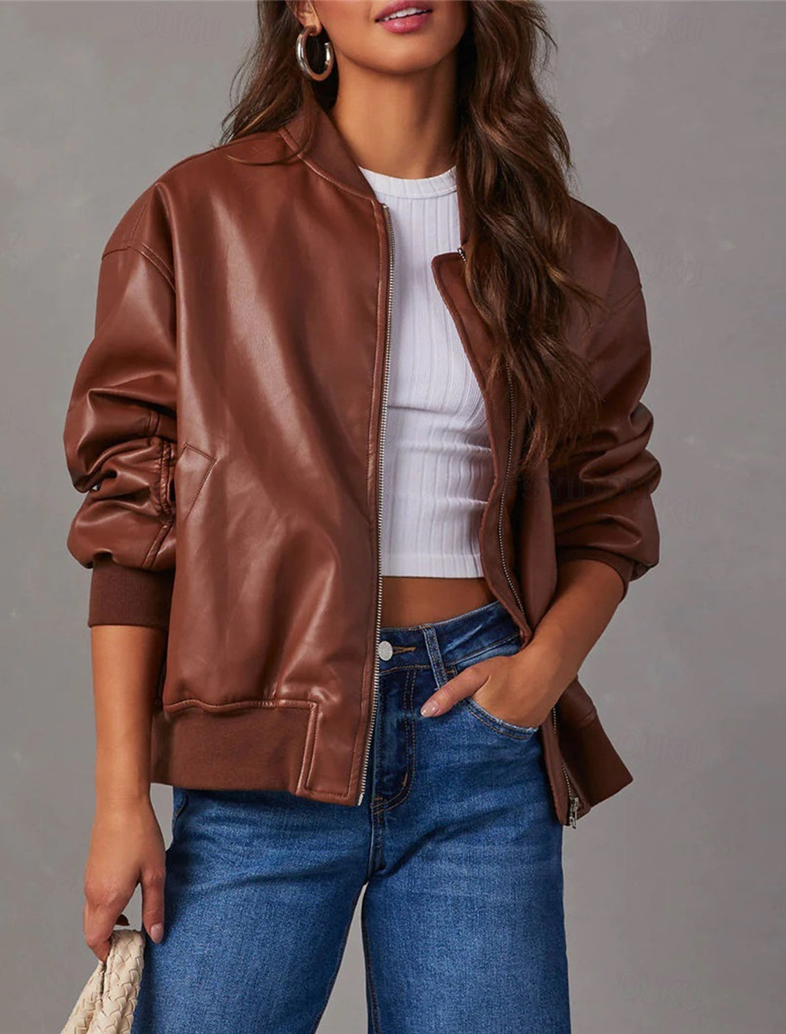 NOUVEAU RICHE Damen Lederjacke Herbst-Bomberjacke PU-Leder Lässige - Übergangsjacke Braun