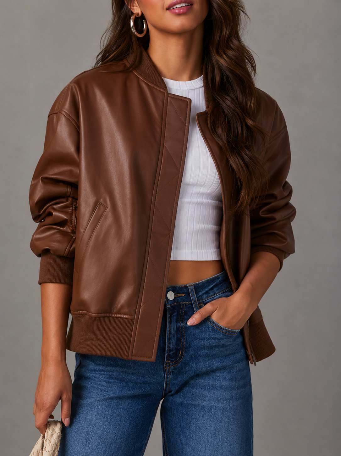 NOUVEAU RICHE Damen Lederjacke Herbst-Bomberjacke PU-Leder Lässige - Übergangsjacke Braun