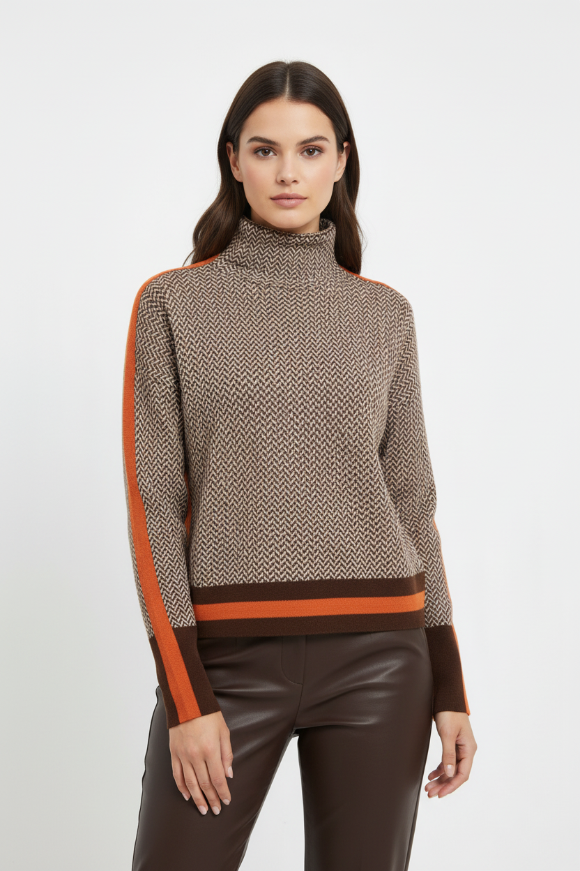 Frauen Rollkragenpullover Geometrischer Druck Weicher Stoff Klassische Passform