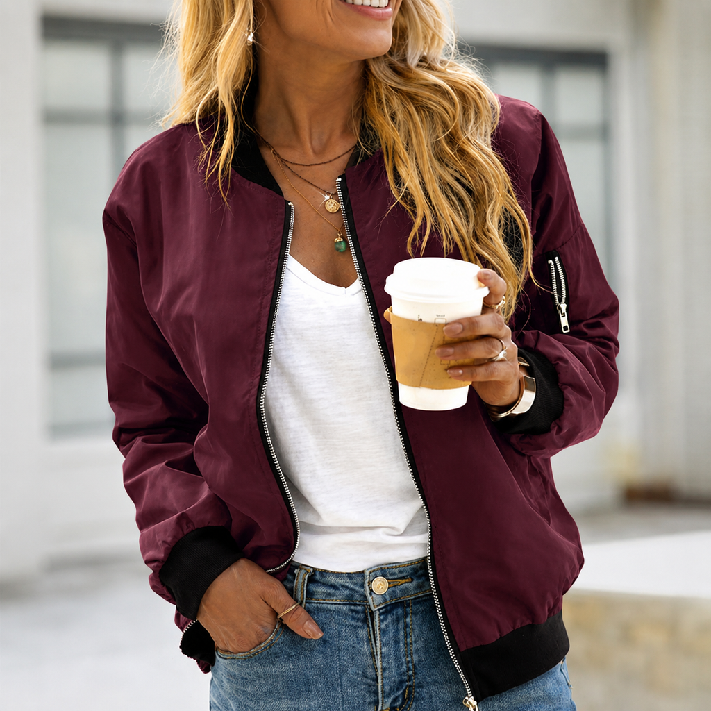 NOUVEAU RICHE Damen Modische Bomberjacke Lässiger Stil Übergangsjacke Rot
