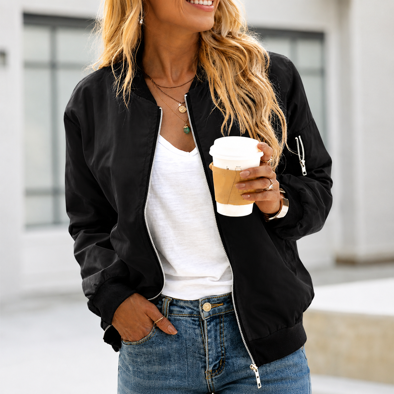 NOUVEAU RICHE Damen Modische Bomberjacke Lässiger Stil Übergangsjacke Schwarz