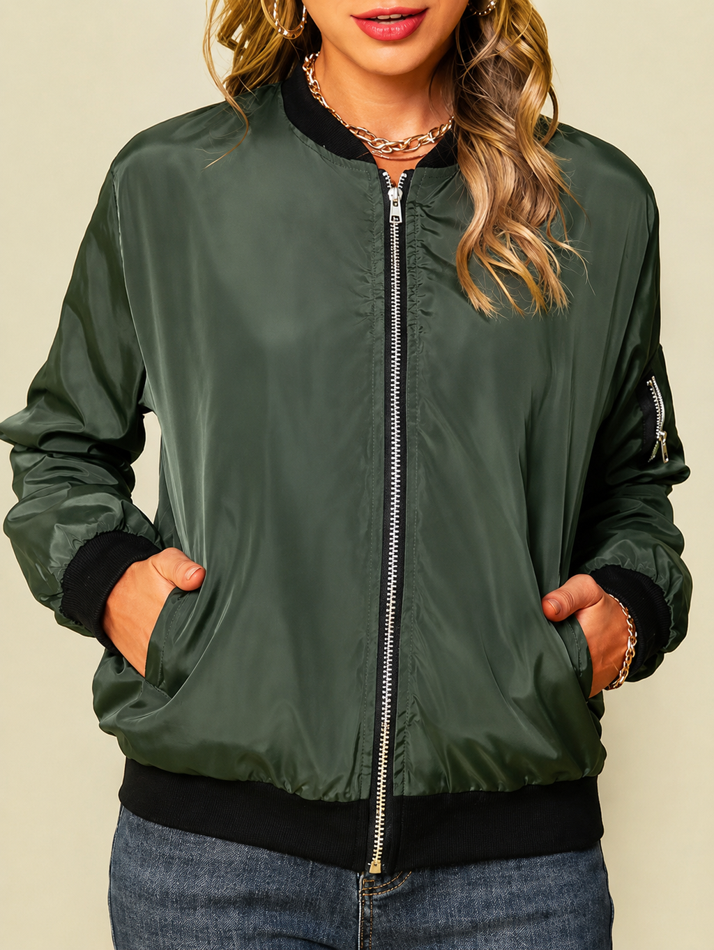 NOUVEAU RICHE Damen Modische Bomberjacke Lässiger Stil Übergangsjacke Dunkelgrün