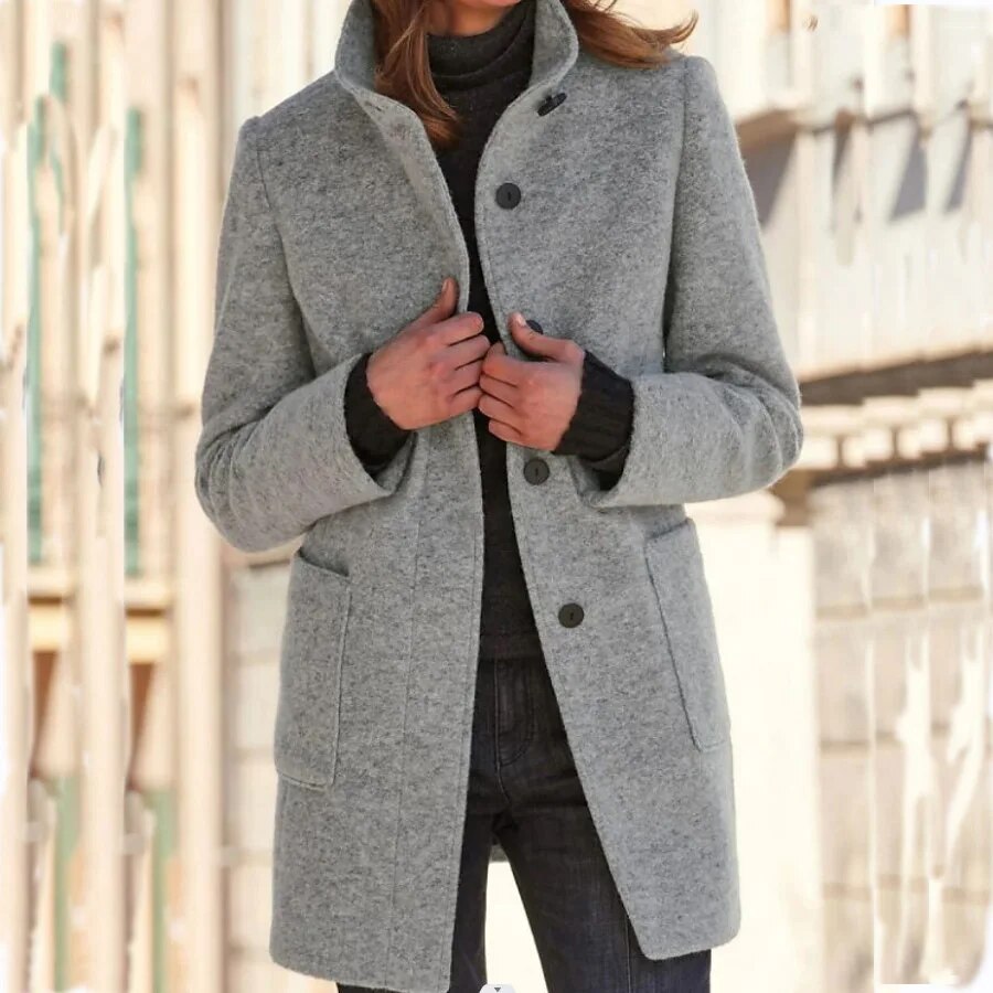 NOUVEAU RICHE Damen Wollmantel Winter Eleganter Knopfverschluss Stilvoll Warm Grau
