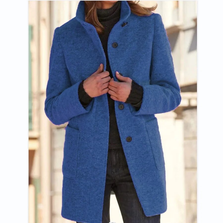 NOUVEAU RICHE Damen Wollmantel Winter Eleganter Knopfverschluss Stilvoll Warm Dunkelblau
