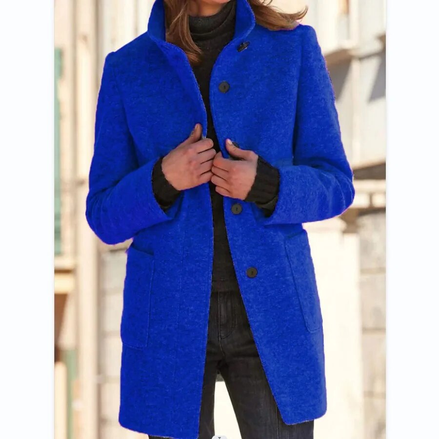 NOUVEAU RICHE Damen Wollmantel Winter Eleganter Knopfverschluss Stilvoll Warm Blau