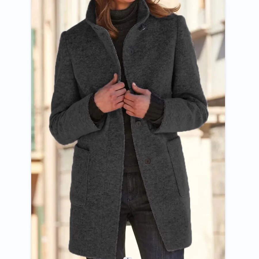 NOUVEAU RICHE Damen Wollmantel Winter Eleganter Knopfverschluss Stilvoll Warm Dunkelgrau