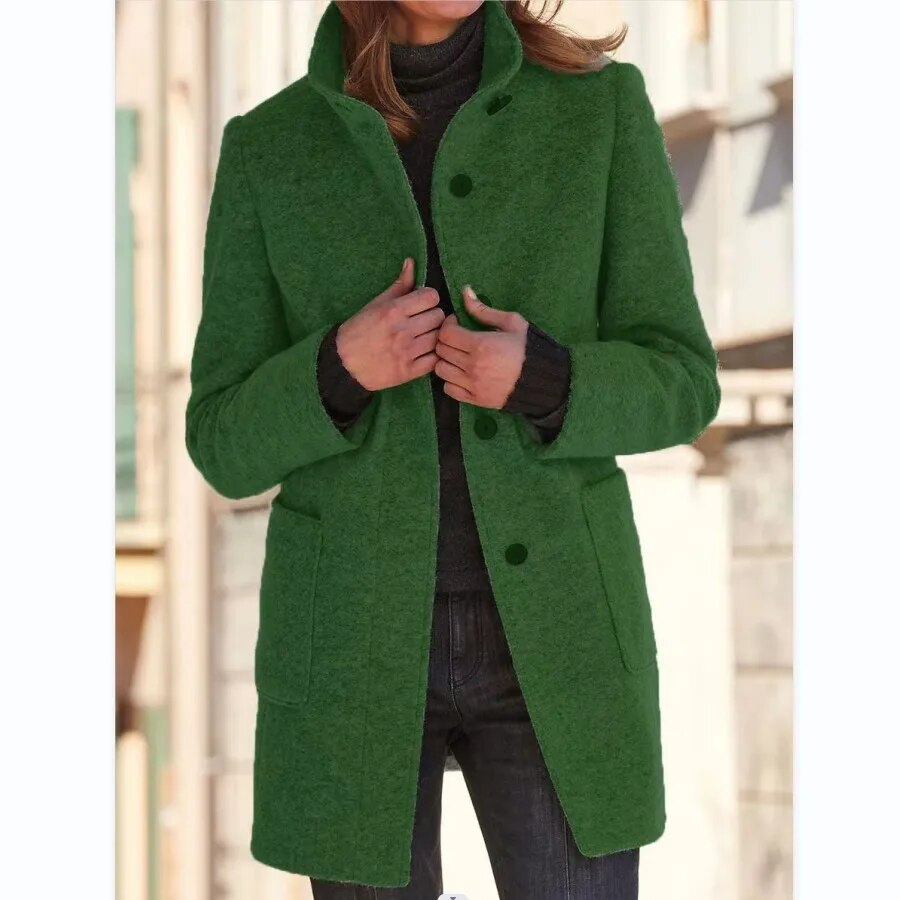 NOUVEAU RICHE Damen Wollmantel Winter Eleganter Knopfverschluss Stilvoll Warm Grün