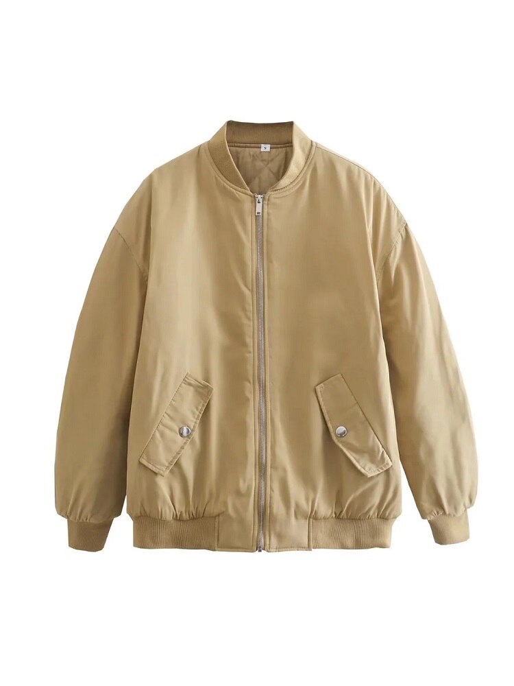 NOUVEAU RICHE Frauen Übergroße Bomberjacke Tweed-Jacken Wärme Komfort Khaki