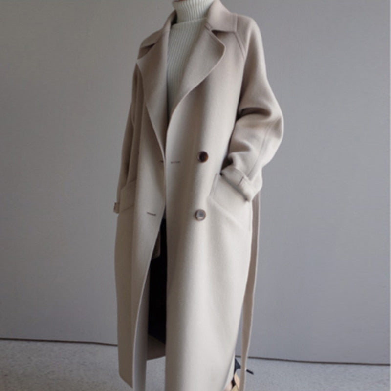 NOUVEAU RICHE Damen Langer Mantel Beige Schmeichelndem Schnitt Wärme Wintermantel Beige