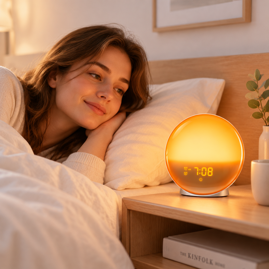 NOUVEAU RICHE Radiowecker mit Wake-up Light – Lichtwecker mit Sonnenauf- & Sonnenuntergang, beruhigende Klänge, LED-Display – GlowRise
