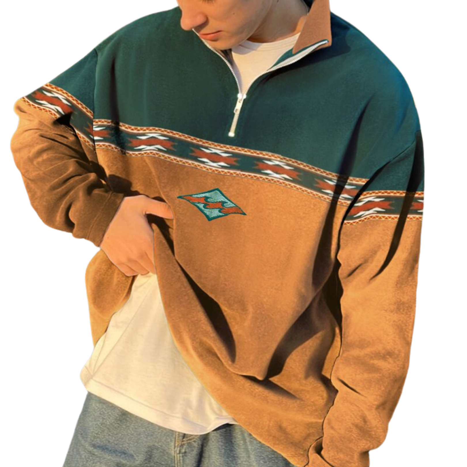 NOUVEAU RICHE Warmer Retro Pullover Herren Halber Reissverschluss Kragen Gelb