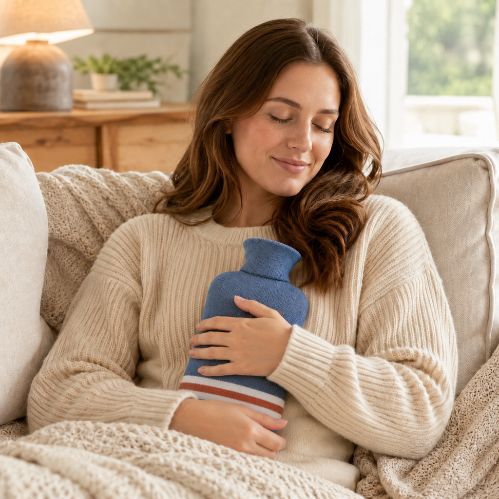 NOUVEAU RICHE Bettflasche mit Strickbezug 1 Liter – Wärmflasche mit weichem Bezug für kalte Winterabende, 5 Farben