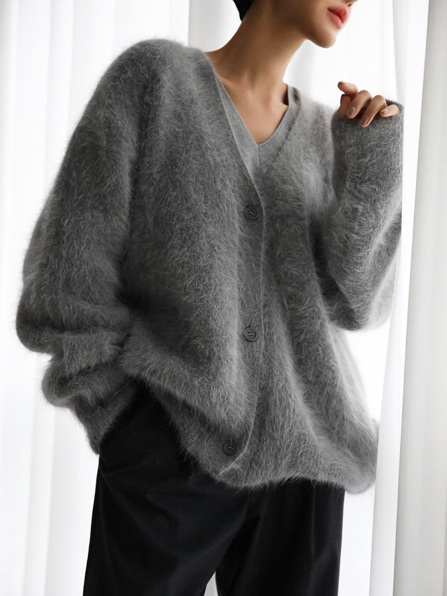 NOUVEAU RICHE Weich Gestrickter Damen Cardigan Mit V Ausschnitt Kuschelig Dunkelgrau Einheitsgröße