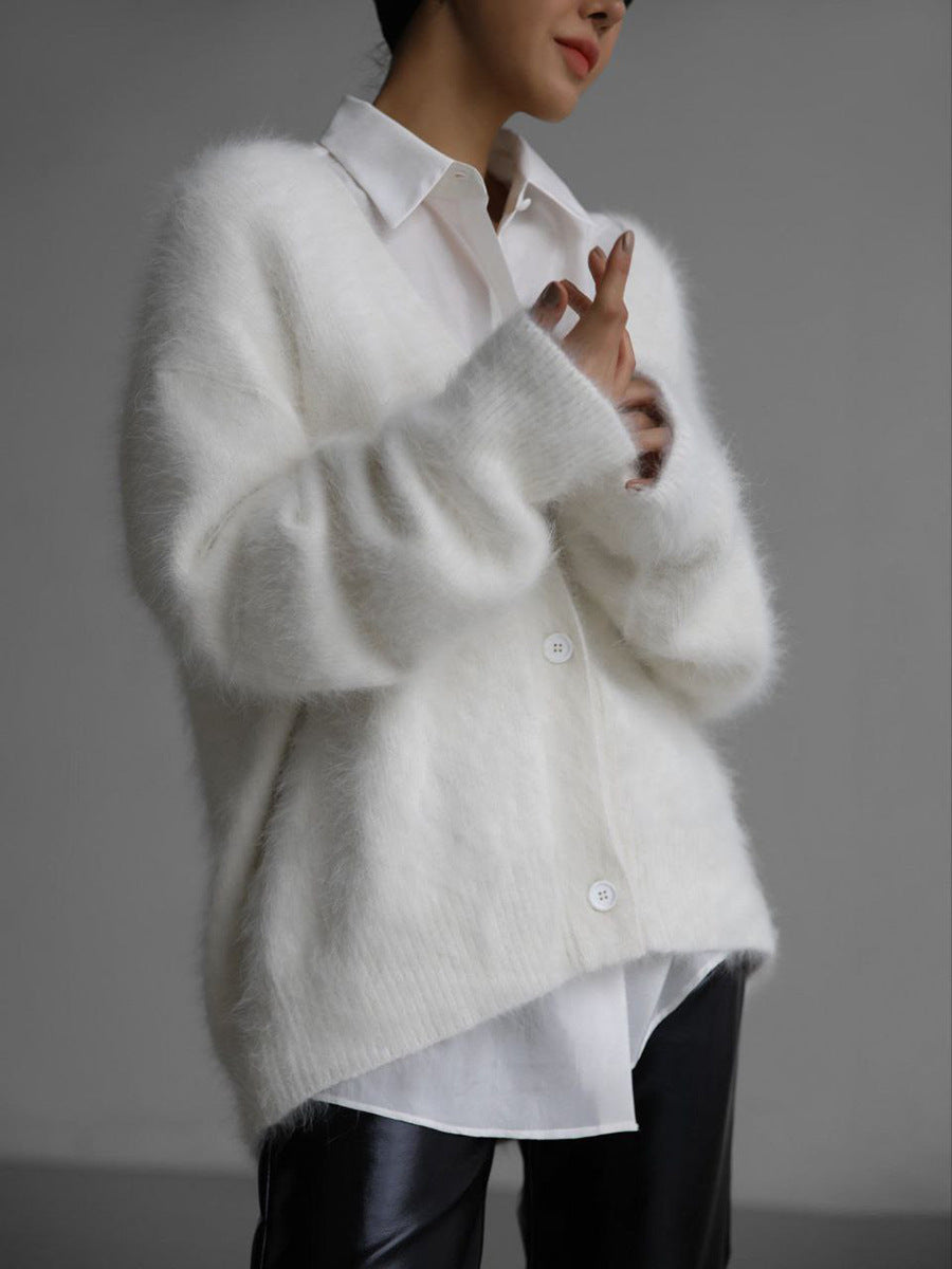 NOUVEAU RICHE Weich Gestrickter Damen Cardigan Mit V Ausschnitt Kuschelig Weiß Einheitsgröße