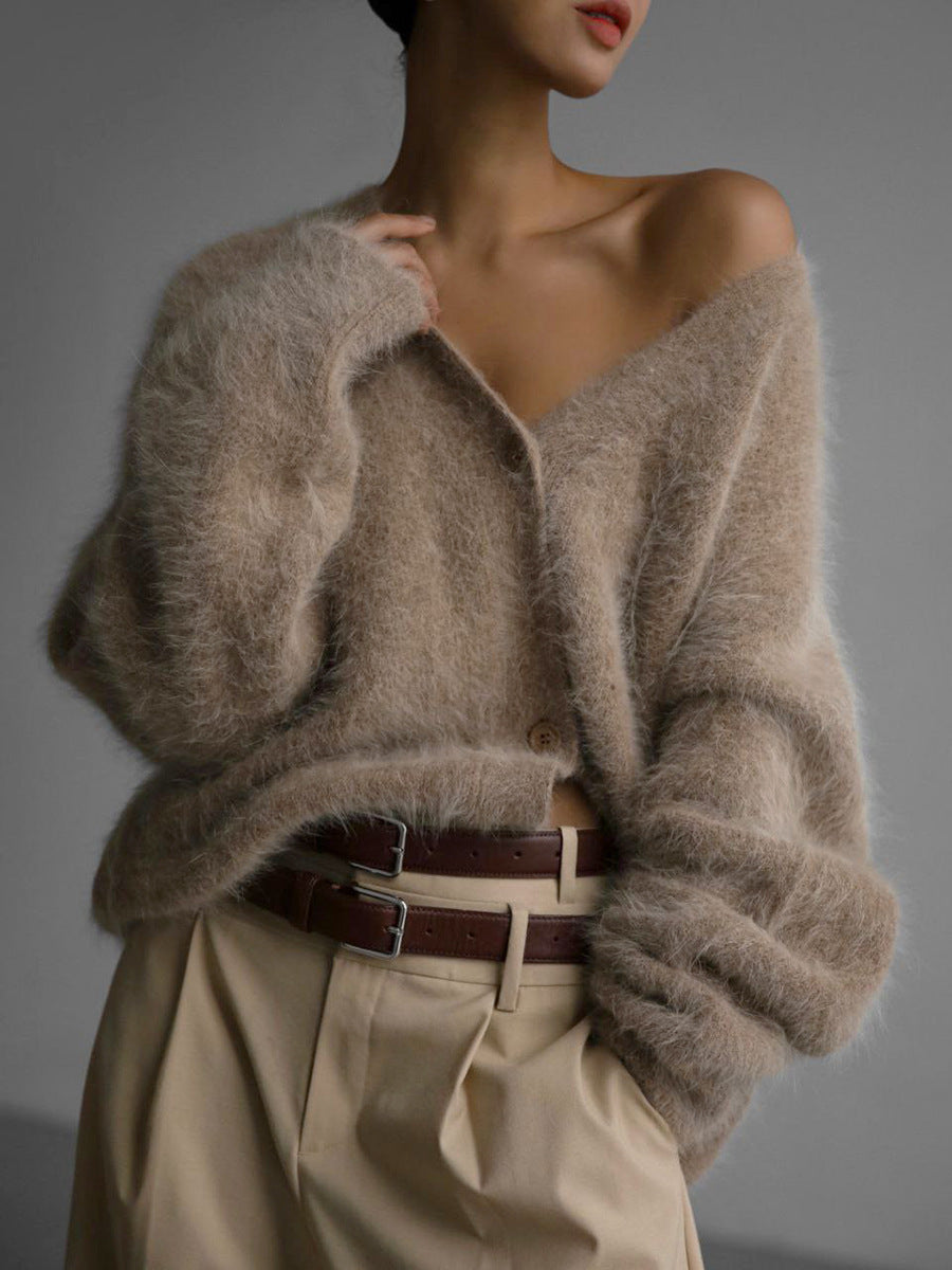 NOUVEAU RICHE Weich Gestrickter Damen Cardigan Mit V Ausschnitt Kuschelig Khaki Einheitsgröße