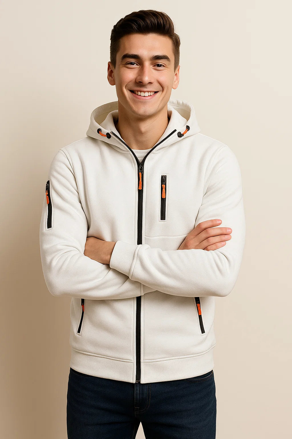 NOUVEAU RICHE Weicher Herren Hoodie Mit Reißverschluss Und Taschen Fleece Weiß
