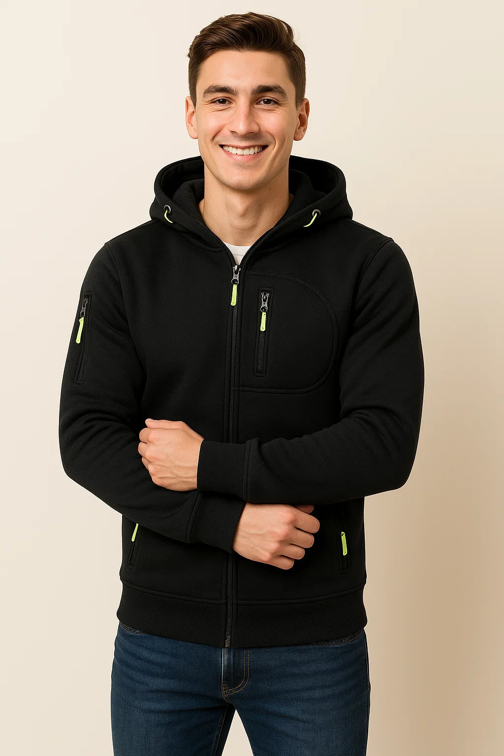 NOUVEAU RICHE Weicher Herren Hoodie Mit Reißverschluss Und Taschen Fleece Schwarz