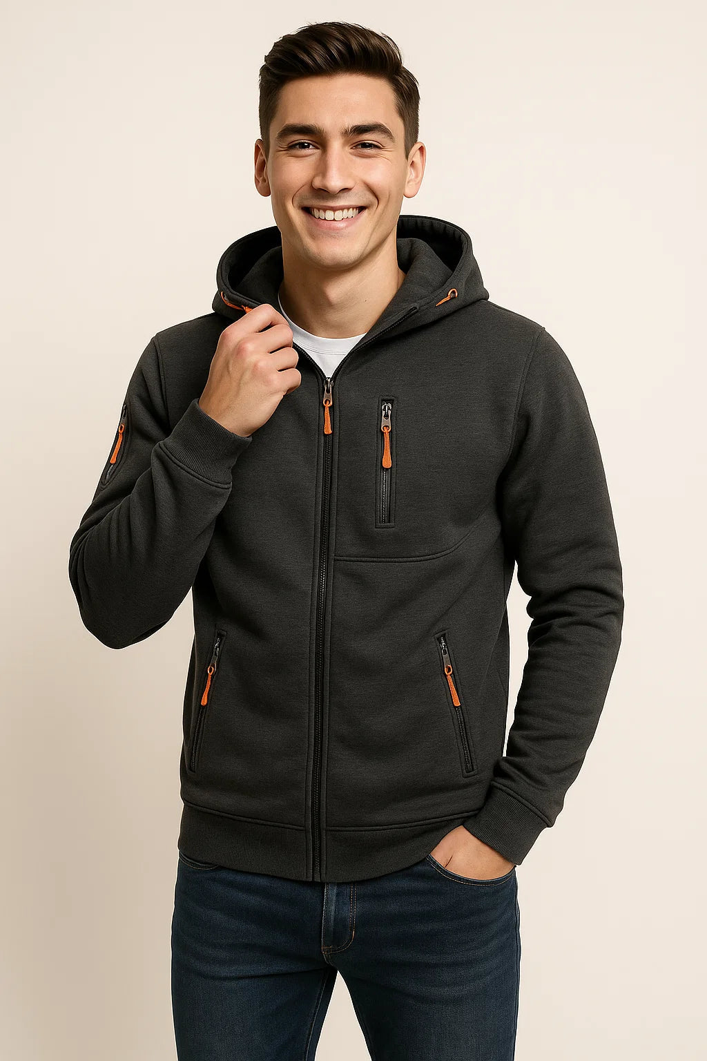 NOUVEAU RICHE Weicher Herren Hoodie Mit Reißverschluss Und Taschen Fleece Dunkelgrau