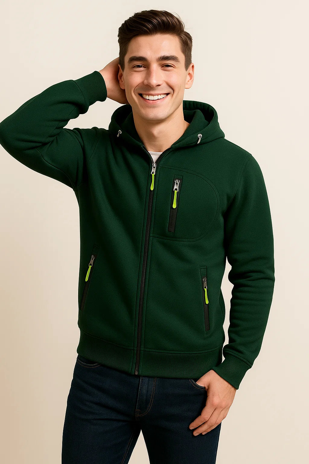 NOUVEAU RICHE Weicher Herren Hoodie Mit Reißverschluss Und Taschen Fleece Grün