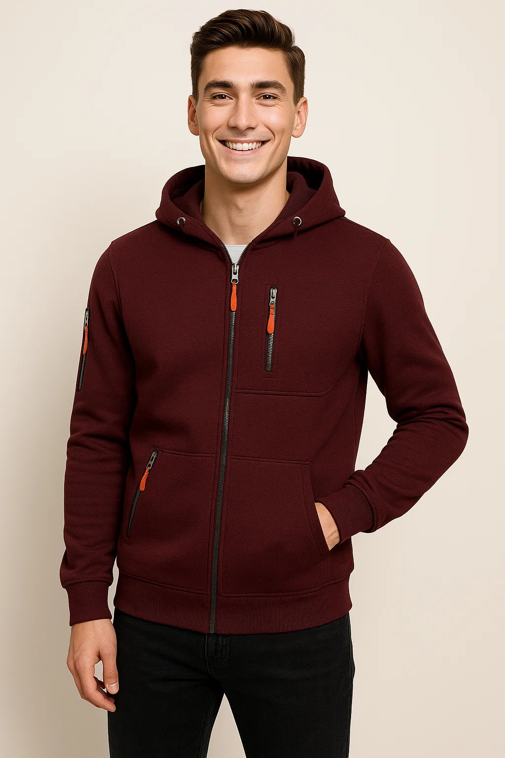 NOUVEAU RICHE Weicher Herren Hoodie Mit Reißverschluss Und Taschen Fleece Rot