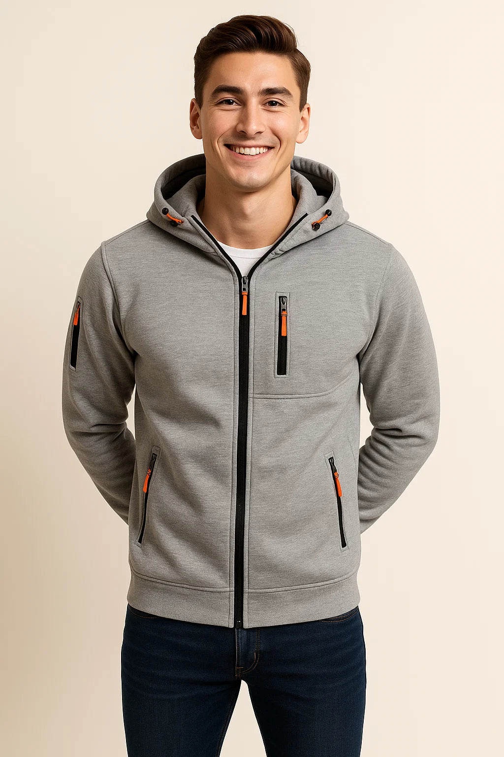 NOUVEAU RICHE Weicher Herren Hoodie Mit Reißverschluss Und Taschen Fleece Grau