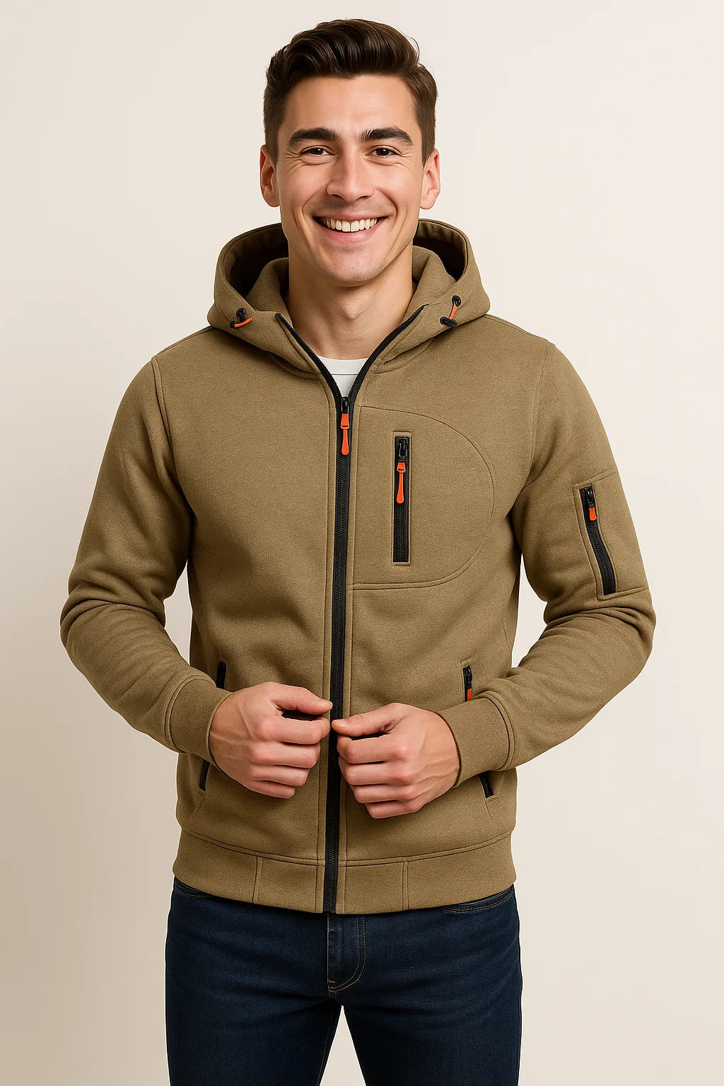 NOUVEAU RICHE Weicher Herren Hoodie Mit Reißverschluss Und Taschen Fleece Khaki