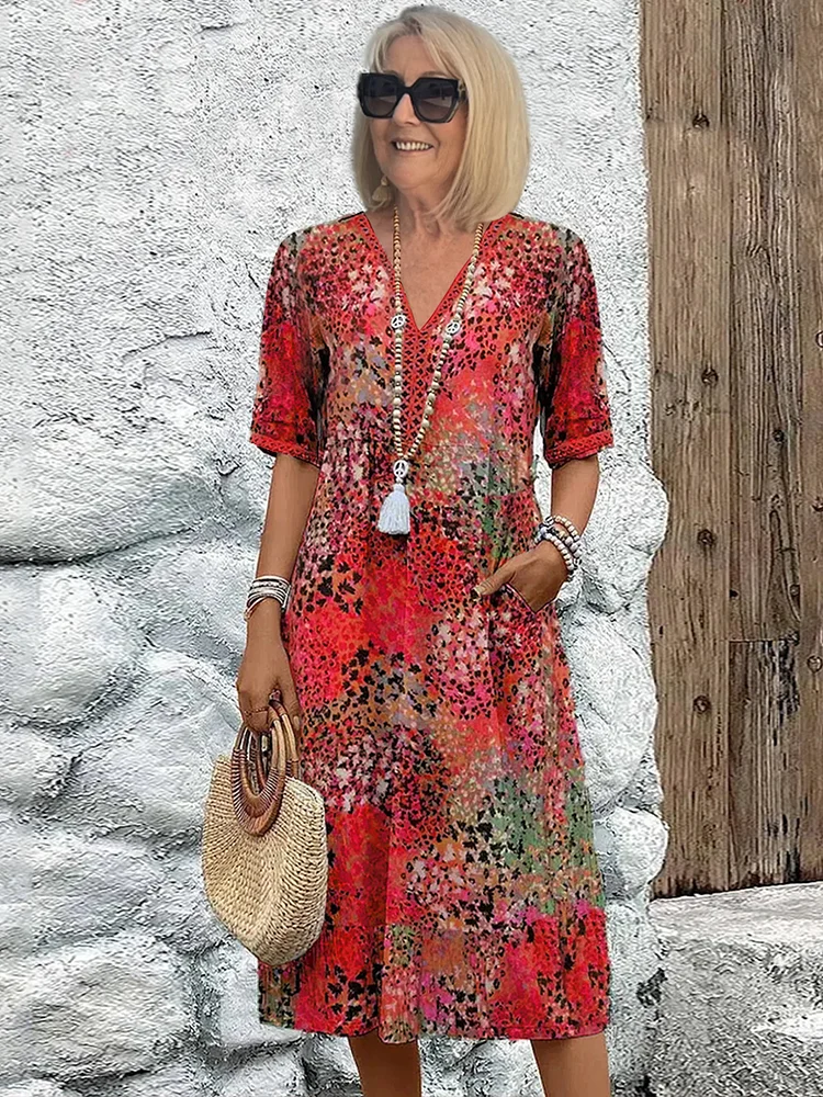NOUVEAU RICHE Weiches Damen Midi Kleid Mit V Ausschnitt Für Sommer Alltag Scharlachrot