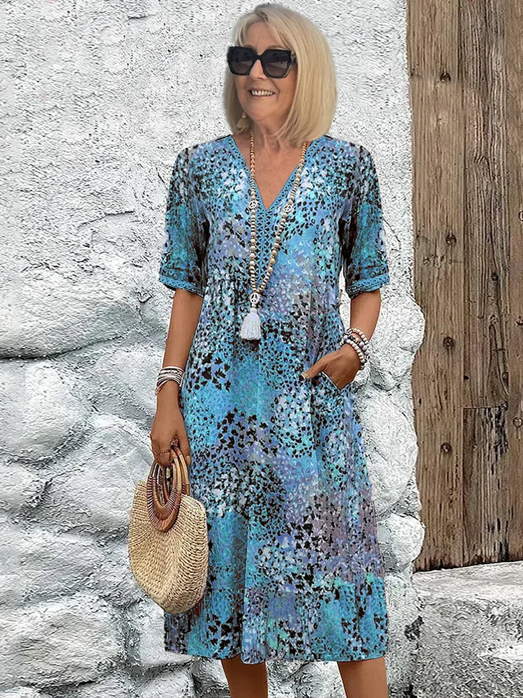 NOUVEAU RICHE Weiches Damen Midi Kleid Mit V Ausschnitt Für Sommer Alltag Ozeanblau