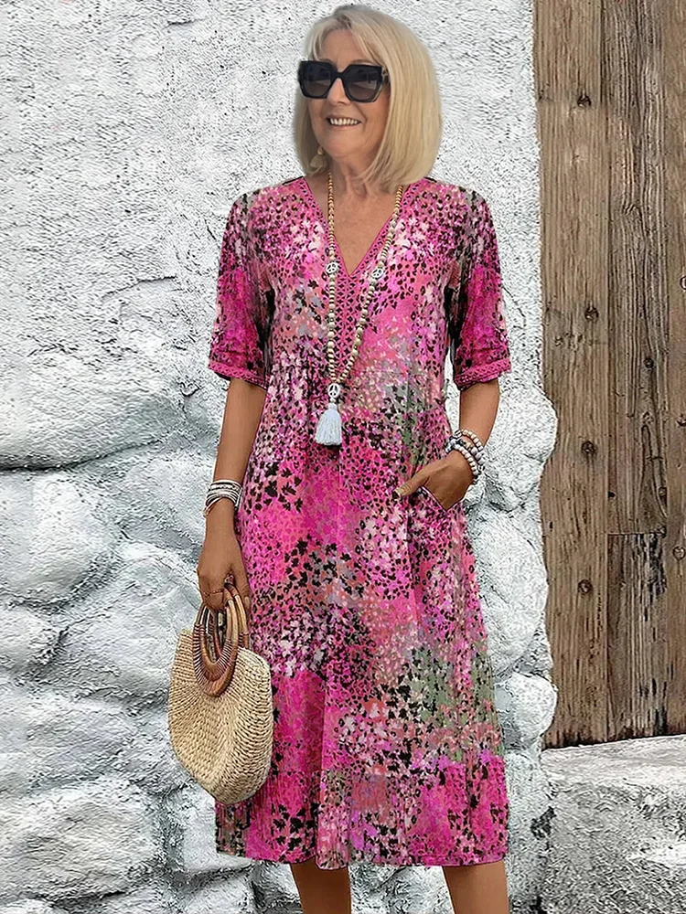 NOUVEAU RICHE Weiches Damen Midi Kleid Mit V Ausschnitt Für Sommer Alltag Rosa