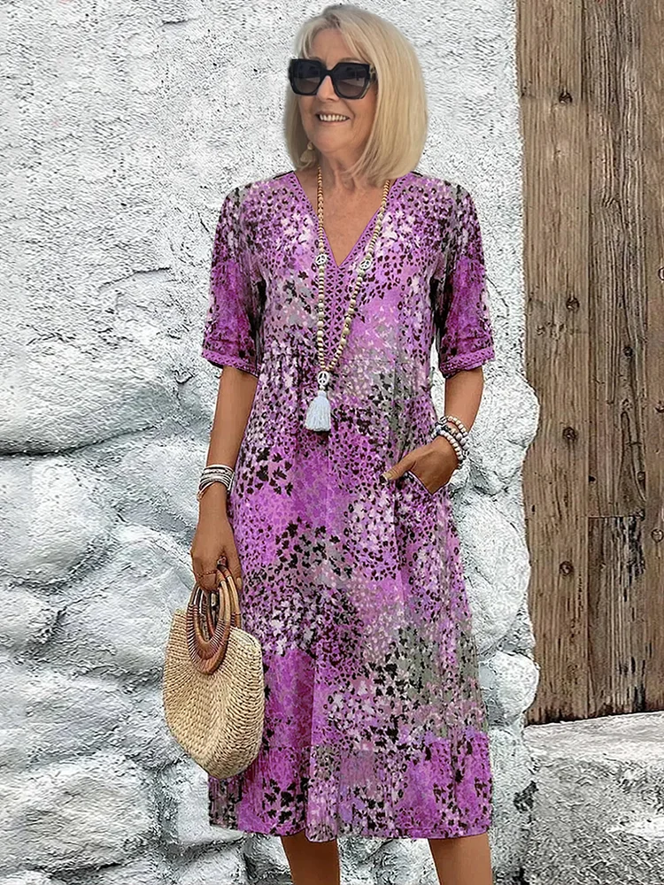 NOUVEAU RICHE Weiches Damen Midi Kleid Mit V Ausschnitt Für Sommer Alltag Lavender Purple