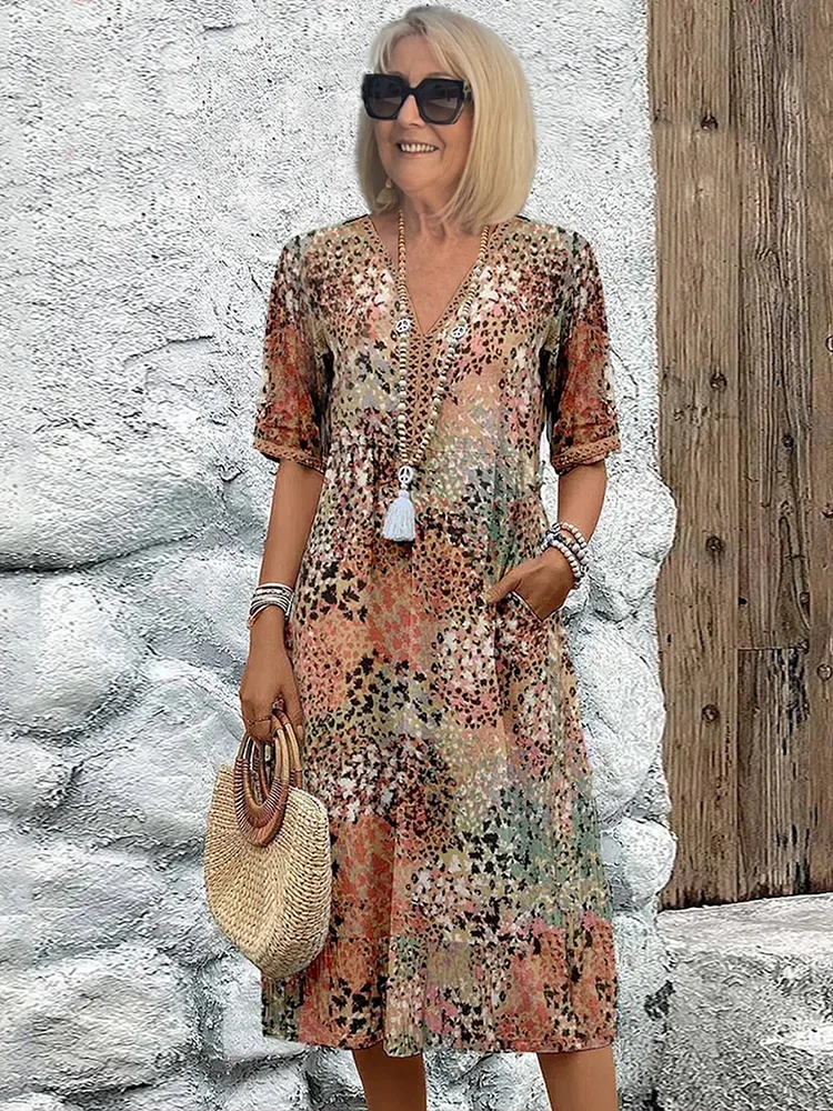 NOUVEAU RICHE Weiches Damen Midi Kleid Mit V Ausschnitt Für Sommer Alltag Sandbeige