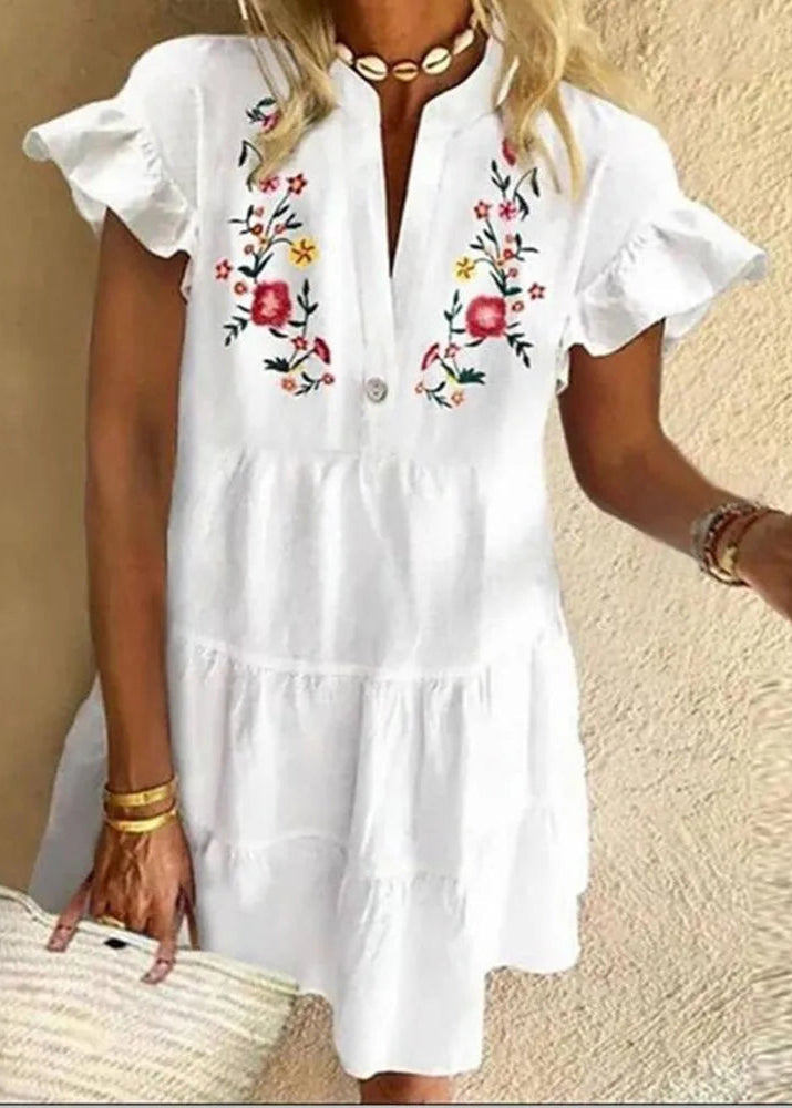 NOUVEAU RICHE Weißes Hippie Kleid Mit Blumenmuster Kurze Ärmel Leicht L