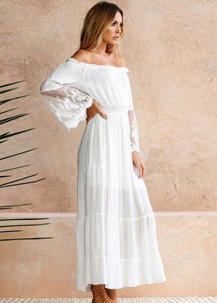 NOUVEAU RICHE Weißes Off Shoulder Kleid Bohème Stil Empire Puffärmel L